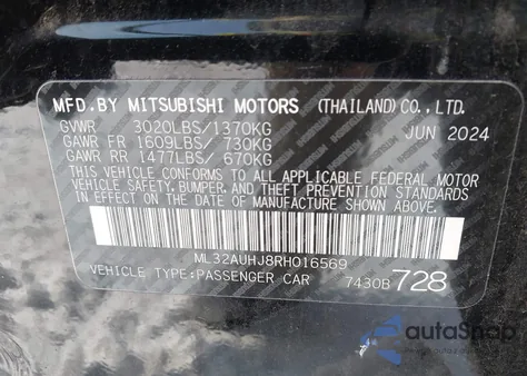 2024 Mitsubishi Mirage Es/Le from USA, damaged, VIN ML32AUHJ8RH016569